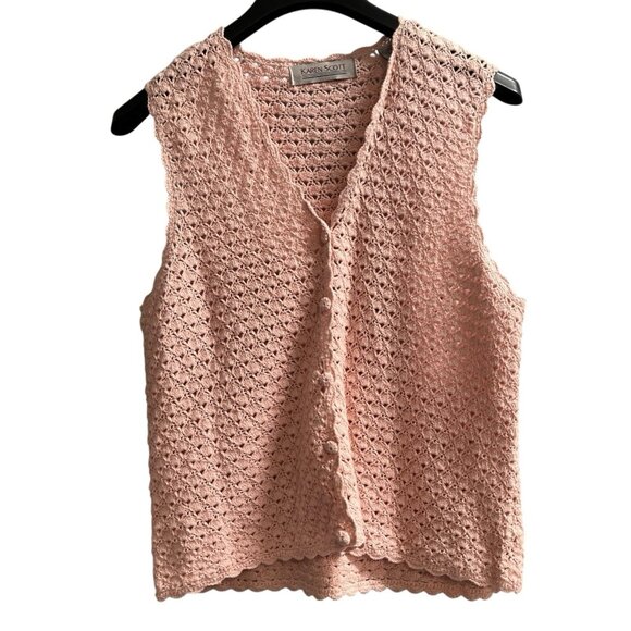 Vintage Karen Scott Sweater Vest Womens M‎ Pink Crochet Button Down Cottagecore - Picture 1 of 7